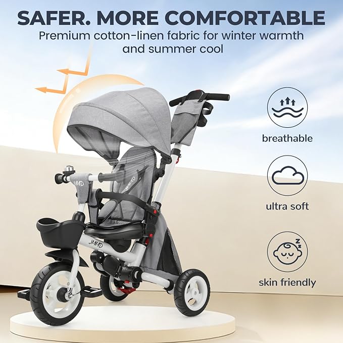 JMMD 8 in 1 Tricycle Stroller with Push Handle, Foldable Trike with 360° Swivel Seat, Reclining Backrest, All-Terrain Wheels, Dual Brakes, Canopy & Storage, Gift for Kids 18 Months to 5 Years, Gray