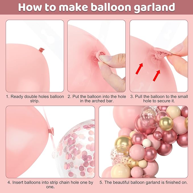 Amandir 153Pcs Boho Blush Balloon Garland Arch Kit, Nude Cream Peach Dusty Rose Pink Gold Confetti Metallic Balloon for Valentines Day Baby Shower Birthday Party Wedding Decorations