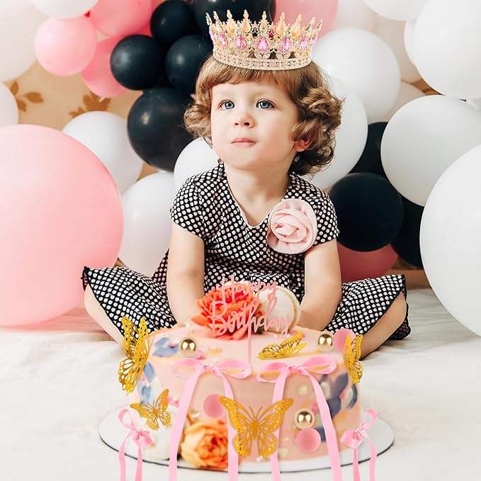 Hooqict 24Pcs Crown Cake Decorations Set with Pink Bows Gold Butterflies Happy Birthday Crown Cake Toppers & Cupcake Toppers for Girls Women Pastel Princess Queen Birthday Party Decorations Supplies