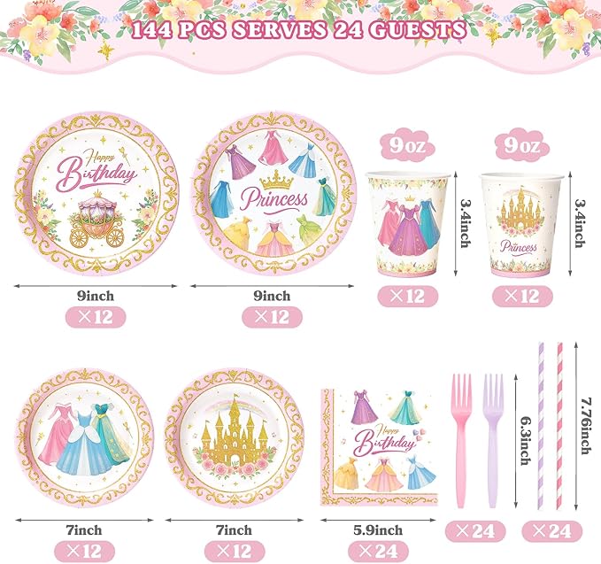 144 Pcs Princess Paper Plates Napkins, Birthday Party Supplies Include Forks Cups Straws, Summer Party Tableware Set for Kids, Serves 24 Guests