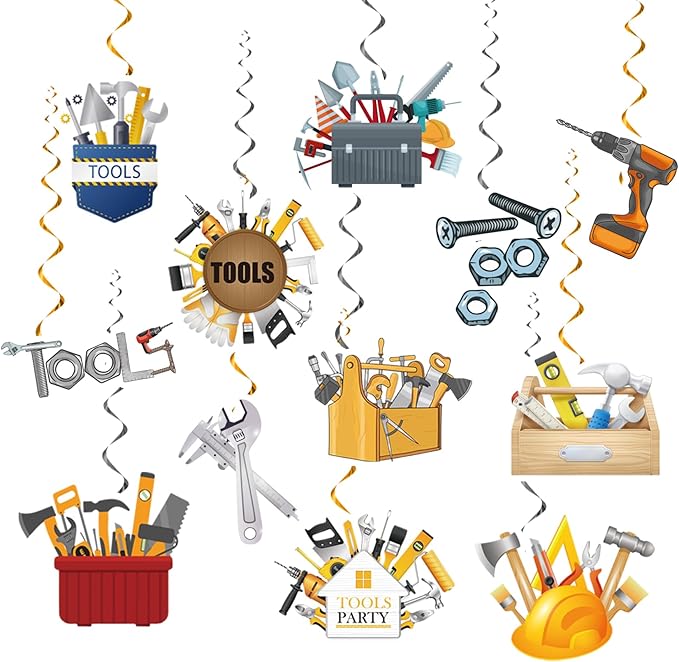 24 Pcs Tools Hanging Decorations Tools Hanging Swirls Ceiling Swirls Tools Birthday Party Supplies for Tools Party Decorations Toolbox Decorations