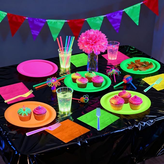 Glow Party Supplies Plates Set for 20 Guests, Including Multi-color Tablecloth, Forks, Napkins and Plates for Glow Birthday Decorations Neon Party Decorations