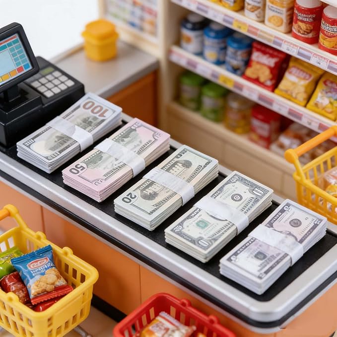 500PCS 1:12 Miniature Scene Dollars Set, 5 10 20 50 100 Fake Bill Prop Money, Realistic Tiny Mixed Denominations Stacks for Dollhouse Accessories