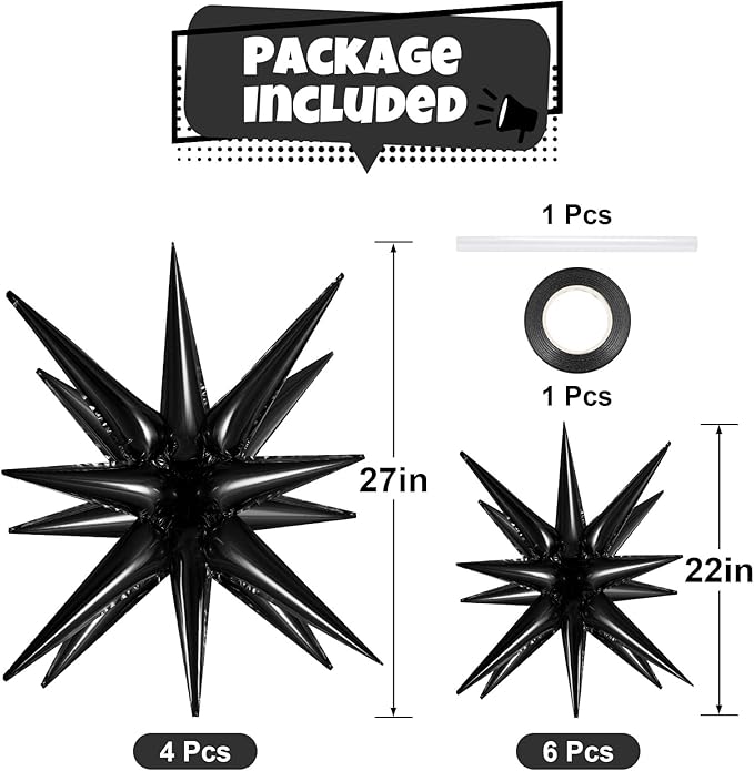 10 Pcs Black Star Balloons Explosion Balloons Foil Cone Balloon Magic for Birthday Wedding Anniversary Party Backdrops Decorations Supplies, 6 Pcs 22 Inches and 4 Pcs 27 Inches