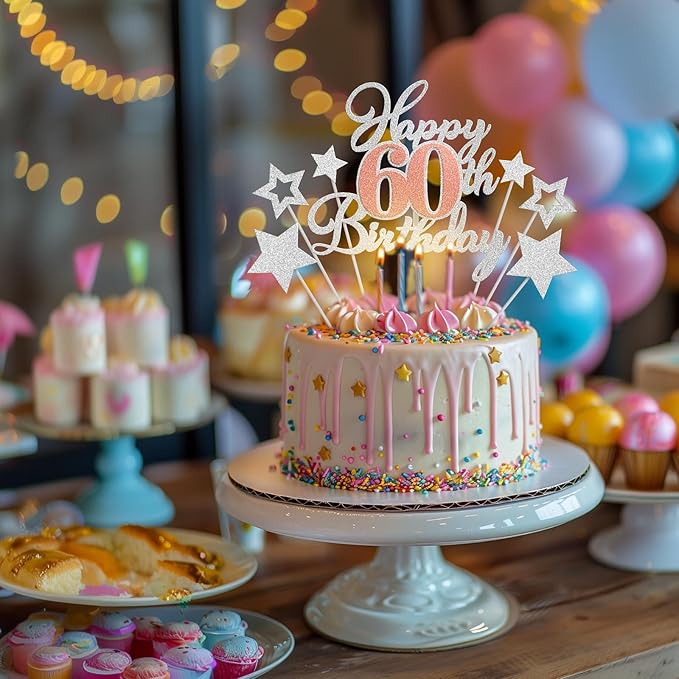 Happy 60th Birthday Cake Toppers, Rose Gold Silver Glitter Cake Decorations Set, 60th Birthday Decor, Birthday Anniversary Party Decorations Supplies