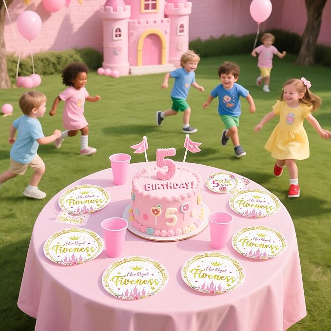 Grencian 96Pcs Princess Birthday Decorations Pink Princess 5th Birthday Party Plates and Napkins Disposable Her Royal Fiveness Paper Tableware for Girls 5 Year Old Castle Party Supplies, Serves 24