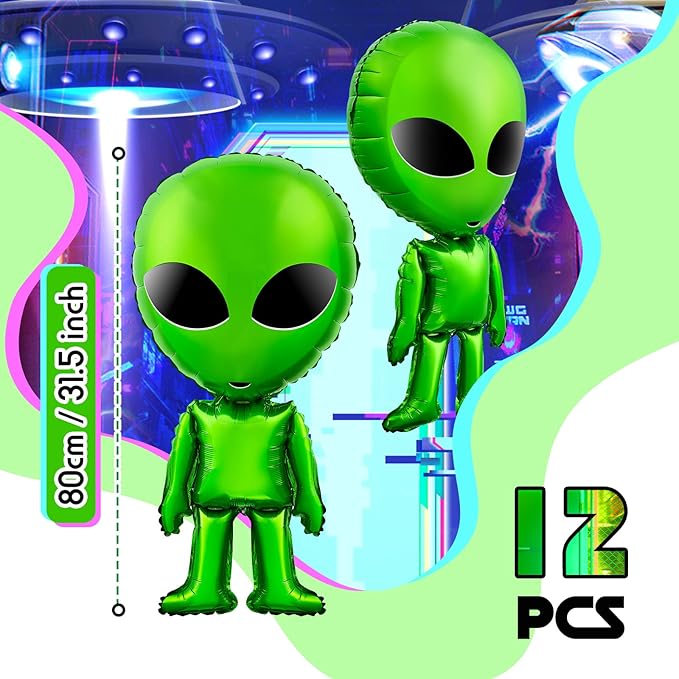 Meooeck 12 Pcs Alien Balloons 31.5 Inch Jumbo Large Green Funny Inflatable Alien Balloons for Halloween Christmas Space Birthday Party Supplies Prop Backdrop Home Trunk or Treat Car Decorations
