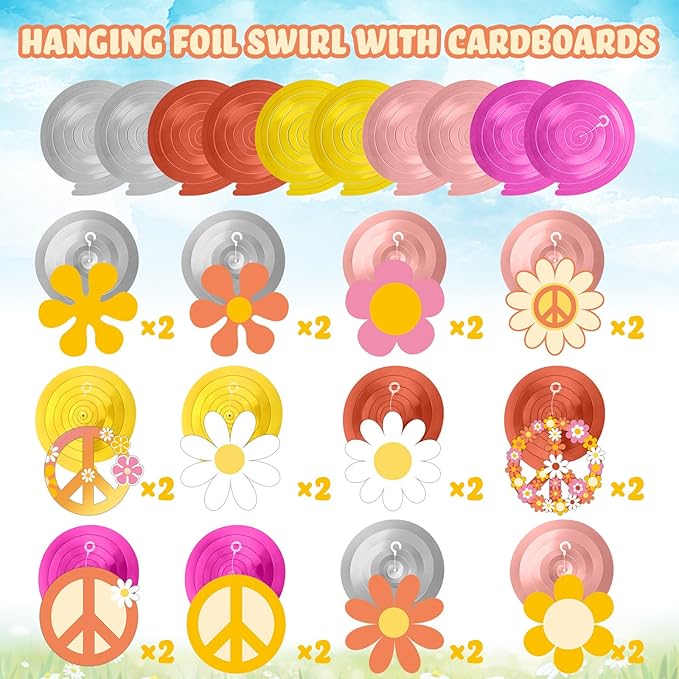 60s 70s Hippie Party Decorations Foil Swirl Decorations, 60s 70s Peace out Sign Groovy Retro Party Retro Flower Cutouts Peace Sign Hanging Swirls Ceiling for Hippie Groovy Birthday, 30 Count(Lovely)