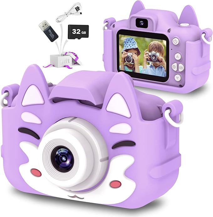 Kids Selfie Camera,Birthday Gifts for Boys Age 3-9,HD Digital Video Cameras for Toddler,Toy for 3 4 5 6 7 9 Year Old Teens with 32GB SD Card,Kids Toys Gifts for Birthday (Purple)