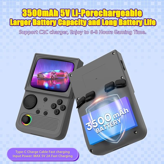 R36T Retro Gaming Console, 3.5'' IPS Screen CRT-Inspired, Handheld Game Console with 18000+ Classic Games Supports WiFi Networked Fighting and OTG, 3500mAh Battery, with Portable Case(Grey 64GB)