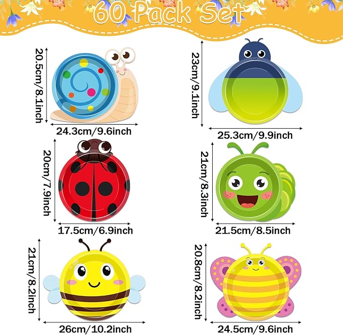 60Pcs Spring Bug Birthday Party Decorations Ladybugs Bee Butterfly Reptile Paper Plates Insect Tableware Dinnerware Set Bug Dessert Plates for Spring Summer Birthday Party Baby Shower Favors Supplies