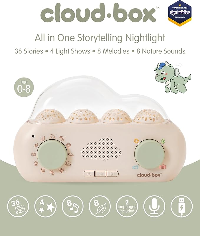 Cloudb Cloudbox Storytime Audio Story Books Toy Gift for Toddlers Kids Girls Boys | English/Spanish Voice Record Storyteller | 36 Stories, 8 Melodies, Star Projector Night Light White Noise Dreambox