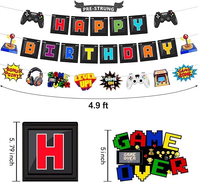 Pre-Strung Video Game Birthday Decorations, NO DIY Gaming Happy Birthday Banner, Game Signs Gamer Themed Party Supplies