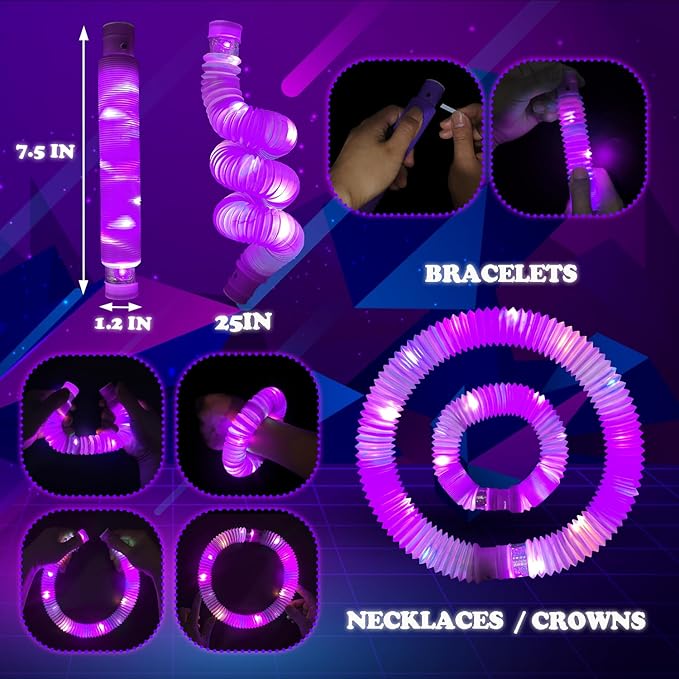 Purple Glow Sticks Pop Tubes,12-24PCS Light Up Necklaces & Bracelets,Mardi Gras Party Favors Accessories Decorations,Glow Birthday Wedding Carnival Valentines Day Party Supplies for Kids & Adults