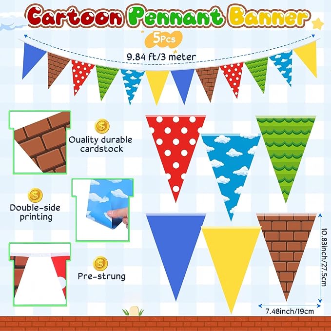 Pasimy 5 Pcs Brothers Birthday Decorations Red Blue Yellow Green Pennant Banners Flags Cartoon Brother Bunting Banner Garland for Cartoon Video Game Birthday Party Baby Shower Decoration