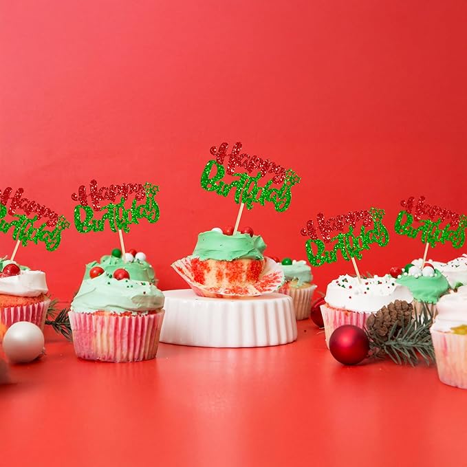 Ephlyn 24Pcs Happy Birthday Cupcake Toppers Double Layer Glitter Happy Birthday Cake Decorations for Christmas Theme Baby Shower Anniversary Party Decorations Supplies Red Green