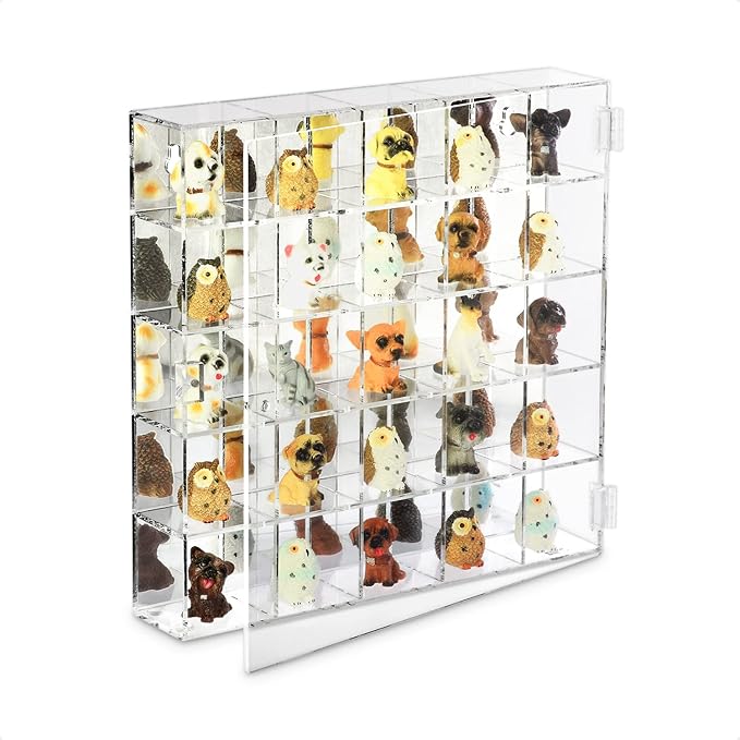 Ikee Design Mountable 25 Compartments Premium Acrylic Display Case Cabinet Stand with Mirrored Back, Clear Rock Display Shelves for Collectibles, Stones and Figures, 10.7 W x 2 D x 10.5 H in