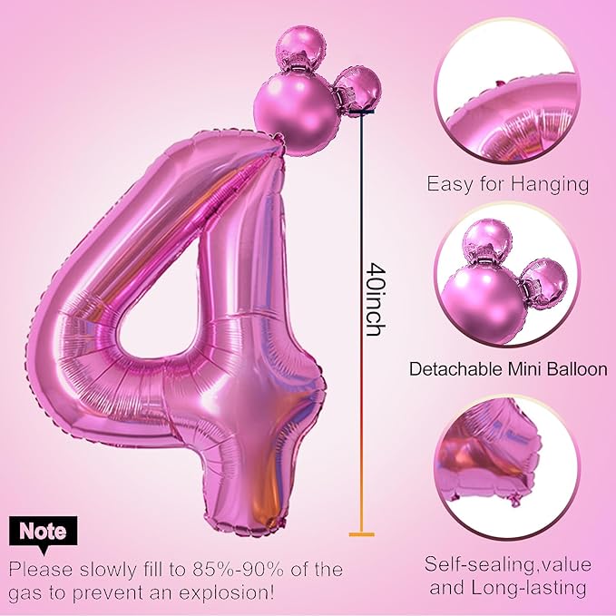 HIBILDER 2pcs Pink Number 4 & Mini Mouse Head Balloons, 40inch Birthday Party Decorations, Aluminum Foil Balloons, Princess Themed, Unisex, Children Department