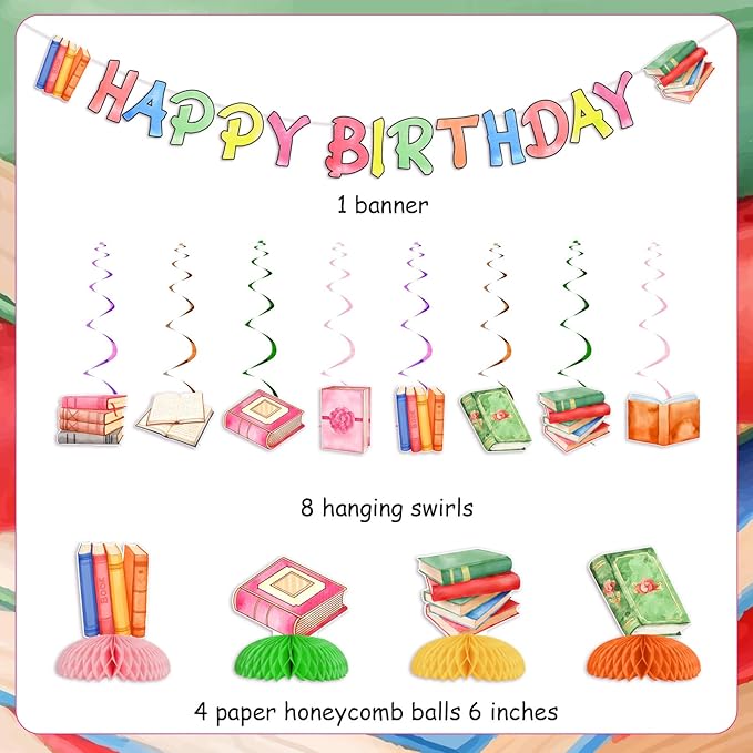 Book Birthday Party Decorations Reading Birthday Honeycomb Centerpieces Reading Ceiling Streamers I Love Reading Happy Birthday Party Banner for Library Books Club Party Supplies