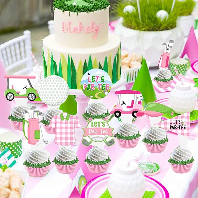 Golf Party Cupcake Toppers Pink Golf Birthday Cake Decorations 48PCS Let's Par-tee Golf Theme Cupcake Toppers Golf Party Supplies for Girls Golf Ball Carts Baby Shower Decor