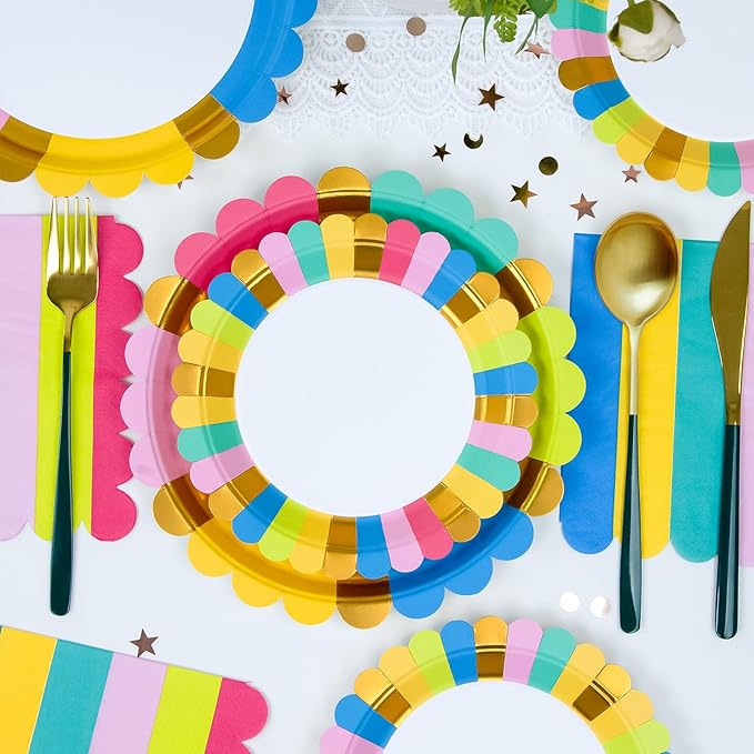 Birthday Party Supplies Disposable 9" Dinner Plates 7" Dessert Plates 6.5" Luncheon Napkins for Birthday Garden Party Afternoon Teas Baby Shower Wedding, Scalloped Edge, Serve 24