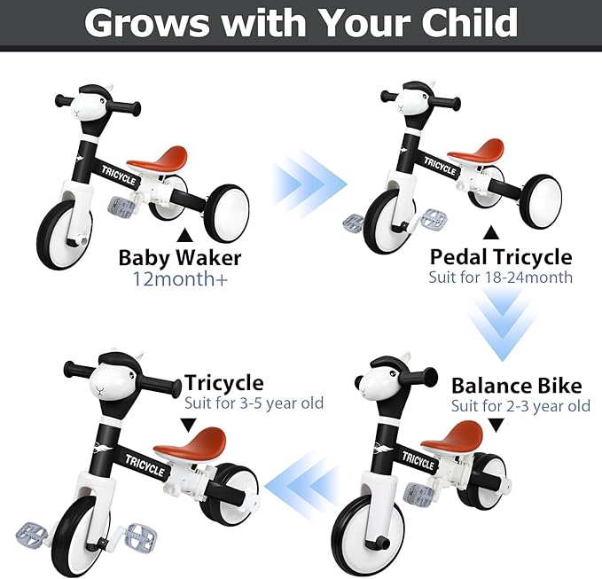 Toddler Balance Bike with Light & Music, Tricycle for Toddlers 1-5 Year Olds, Toddler Tricycle for Boys Girls, Kids Bicycle with Removable Pedal, Birthday Gifts for 1 2 3 4 5 Year