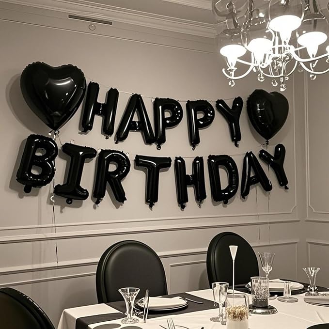 27 Pcs Black Silver Birthday Decorations, 3D Letters Black Happy Birthday Balloon Banner, Pentagram Heart Foil Balloons Confetti Balloons Kit For Boys Girls Party Supplies