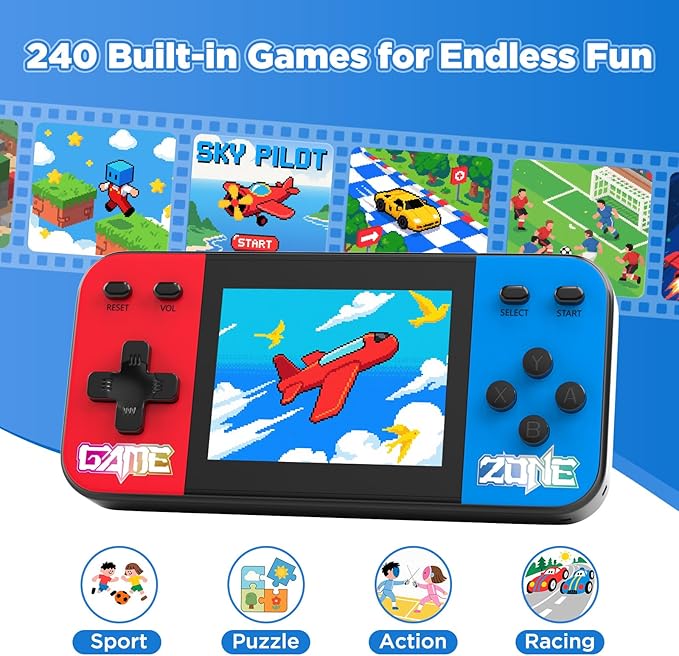 Handheld Game Console with 3.0 Inch LCD Screen, 240 Retro Classic Games, Rechargeable Battery Portable Mini Arcade - Electronic Travel Gift for Boys and Girls (Over 3-Years-Old)