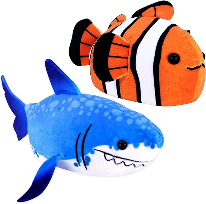 zhuzhu Aquarium Blue Shark and Clown Fish - Stuffed Animals with Motor Inside | Robotic Fish Toys Suitable for Ocean Party Favors | Batteries Required