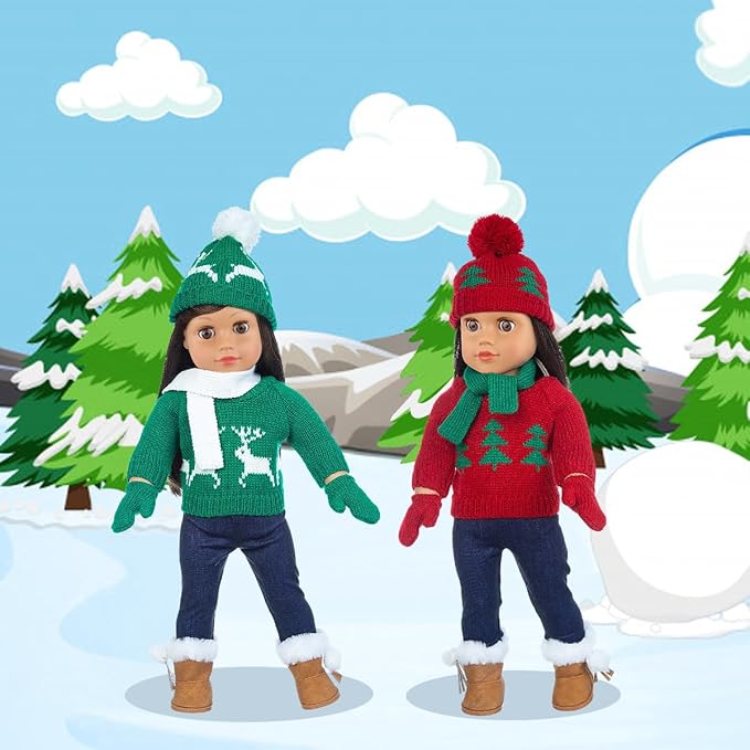 Ecore Fun 2 Sets American 18 Inch Doll Clothes Winter Christmas Outfit and Accessories Including Sweaters Trousers Hats and Scarfs