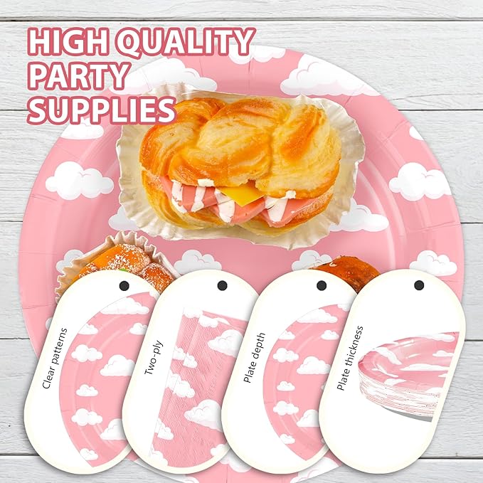 96 Pcs Pink Sky White Clouds Party Supplies Cartoon Story Plates and Napkins Disposable Clouds Theme Tableware Set for Girls Birthday Baby Shower Party Decorations Serves 24