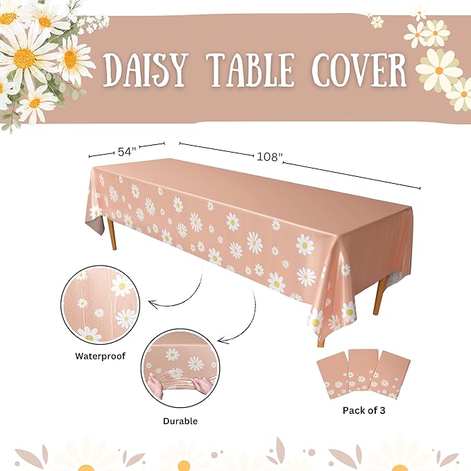 Blue Orchards Daisy Table Cover (Pack of 3) - 54"x108" XL - Boho Party Decorations, Baby Shower, Sunny and Floral Party Supplies, Daisy Theme Birthday Party