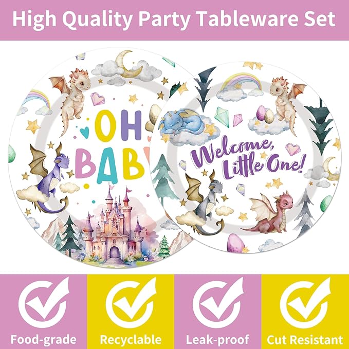 Dragon Birthday Party Supplies Tableware - 96 Pcs Watercolor Dragon Plates and Napkins, Magical Dragon Theme Dinnerware Set, Dragon Party Supplies Decorations for Baby Shower Serve 24 Guests