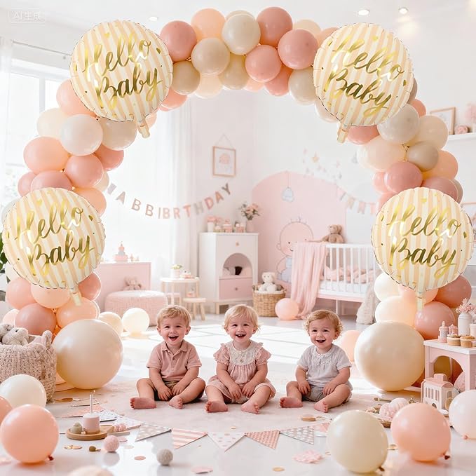18" Hello Baby Foil Balloons for Welcome Baby Party Decorations, 4pcs Light Pastel Orange Cream Mylar Balloons, Peach Beige Gold Balloon for Gender Neutral Baby Shower Sip and See Party Decor Supplies