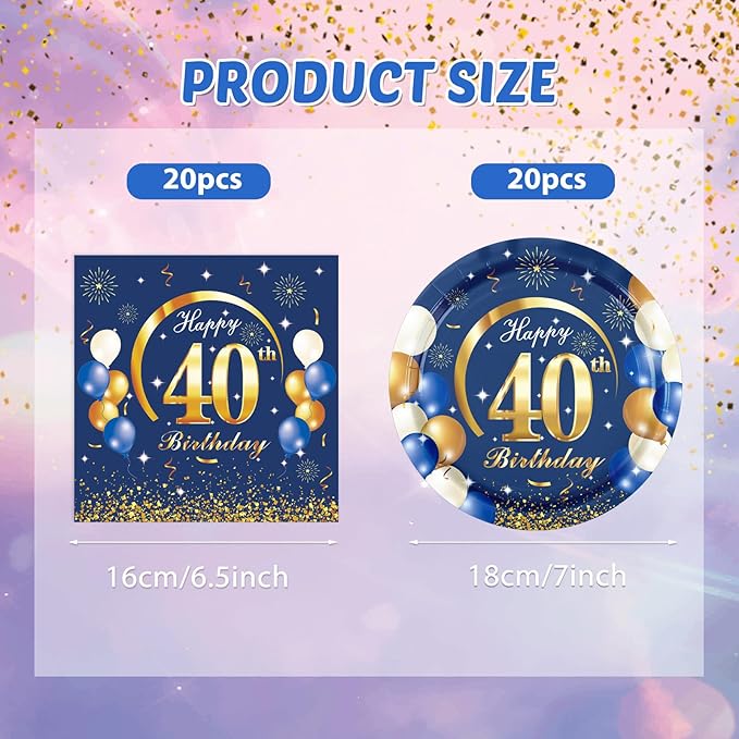 40PCS Happy 40th Birthday Decorations Navy Blue and Gold Theme Party for 40 Years Old Party Decorations Include Plates Napkins For Men Boys Girls Women