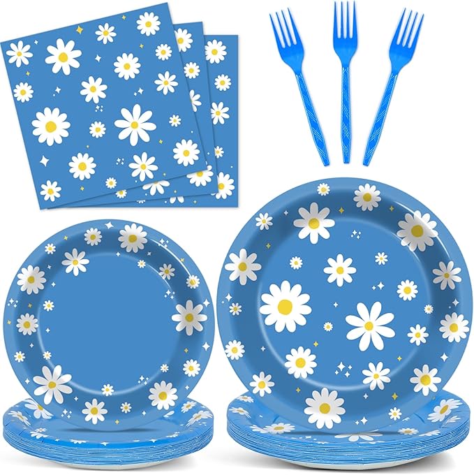 96Pcs Daisy Birthday Party Supplies Groovy Flower Paper Plates and Napkins Spring Floral Disposable Dinner Dessert Tableware Set for Blue Baby Shower Birthday Party Decorations Serve 24