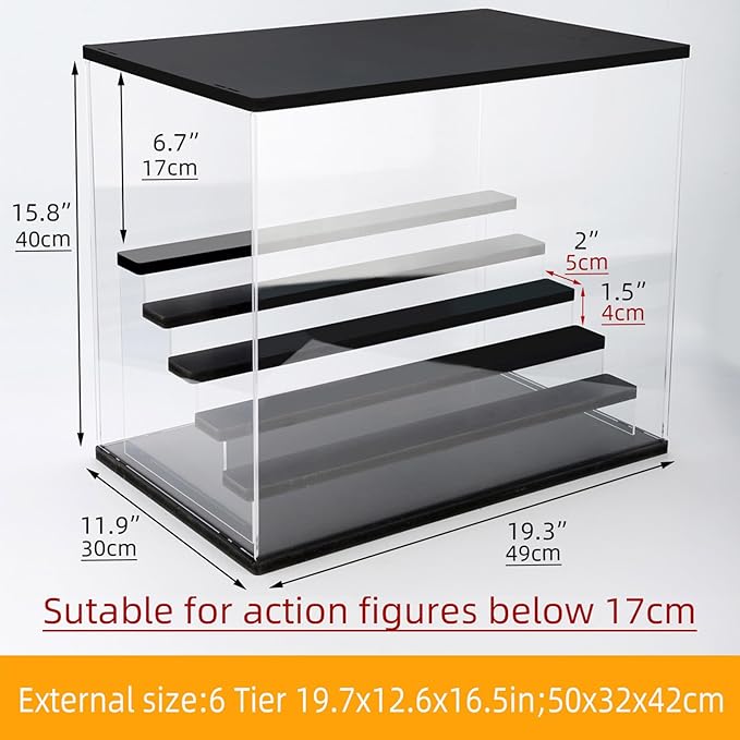 Clear Acrylic Display Case with Light , 6 Tier Multiple Color Lights Display Box Stand Assembly Dustproof Protection Showcase for Collectibles Action Figures (Black 6 Tier L 19.7*12.6*16.5in)