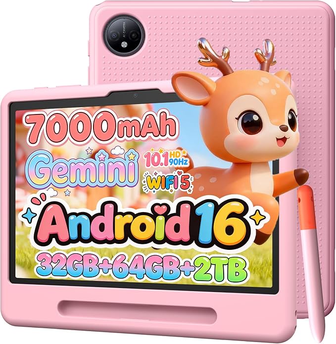 P10 Kids Tablet for Ages 3-7, Android 16 Tablet, Gemini AI, 10 Inch Tablets, 90Hz, 32GB RAM+64GB ROM, 7000mAH, 5G WiFi, Face ID, Kids Tablets with case,Includes a Child Protective case and Pen