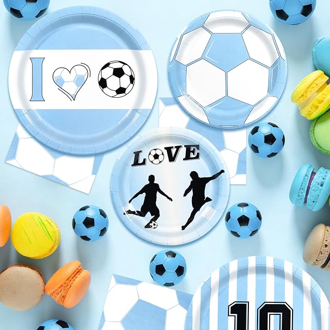 180Pcs Blue Soccer Party Supplies Paper Plates and Napkins Serve 60 Disposable Tableware Set for Birthday Party Decorations Game Day Family Holiday Sports Events
