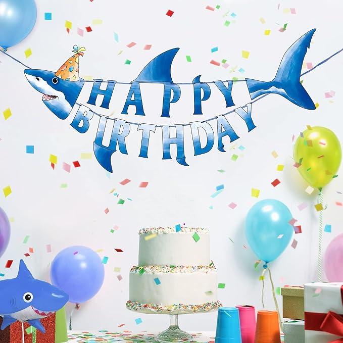 WERNNSAI Shark Happy Birthday Banner - Pre-strung Shark Birthday Banner for Kids Boys, Ocean Theme Party Supplies, Beach Under The Sea Theme Party Hanging Wall Decor