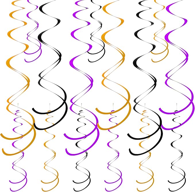 Colorful Ceiling Swirl Foil Decorations Hanging Plastic Streamer Themed Swirl Party for Halloween Graduation Celebration, Pack of 28 (Orange, Black and Purple)