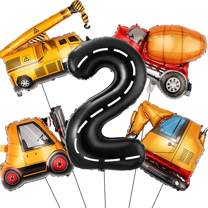 Construction Birthday Decorations 2 Year Old, Large Construction Balloons 40Inch Racetrack Black Number 2 Balloons Construction Truck Foil Balloons for Boys 2nd Construction Birthday Party Supplies