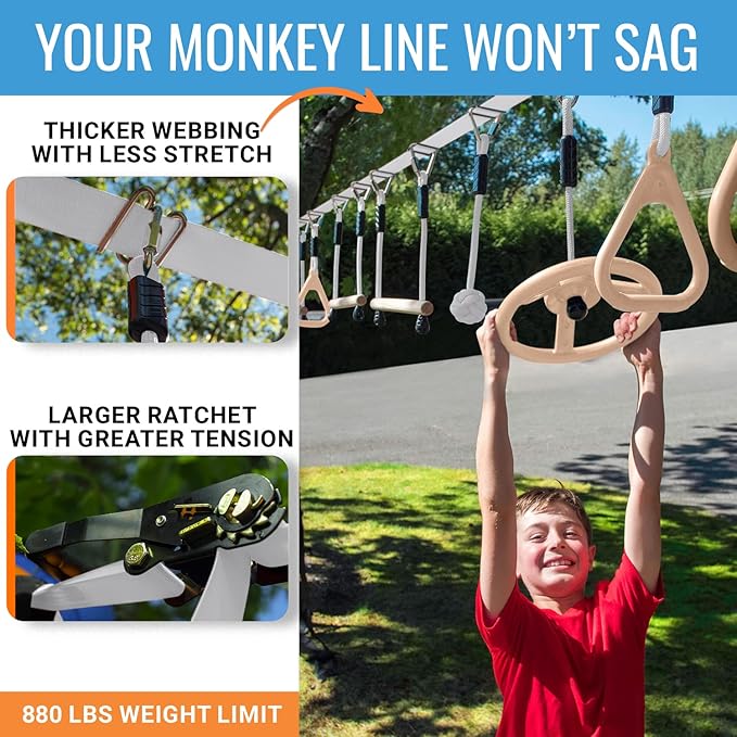 Hyponix Ninja Warrior Obstacle Course for Kids – 2 x 50 ft Slackline with 10 Outdoor Ninja Obstacles, Supports 880lbs – Monkey Net, Ratchet-Tight Tech, Climbing, Swinging & Balance Training, Ages 3+