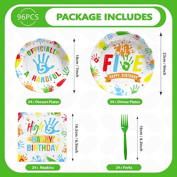 96Pcs Hi Five Birthday Decorations Colorful High Five Birthday Party Plates and Napkins Disposable 5 Year Old Tableware for Kids Boys Girls 5th Party Supplies, Serves 24