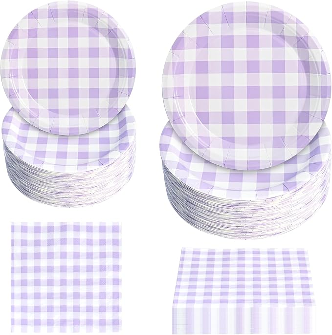 180Pcs Purple Gingham Party Supplies Paper Plates and Napkins Serve 60 Disposable Tableware Set for Birthday Party Decorations Game Day Family Holiday Sports Events