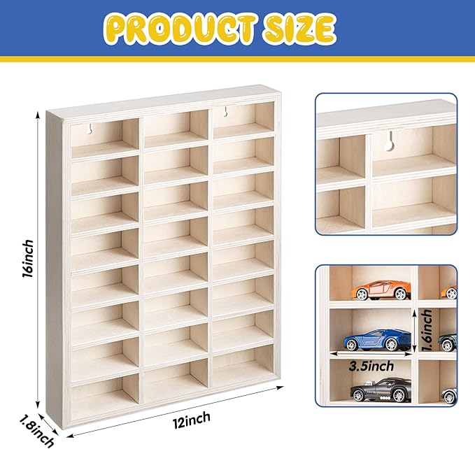 24 Space Toy Cars Wheels Display Case 1: 64 Scale Model Cars Display Shelf Wooden Wall Mounted Die Cast Car Storage Rack for Gift Collectibles Toy Figurines Tiny Cabinet