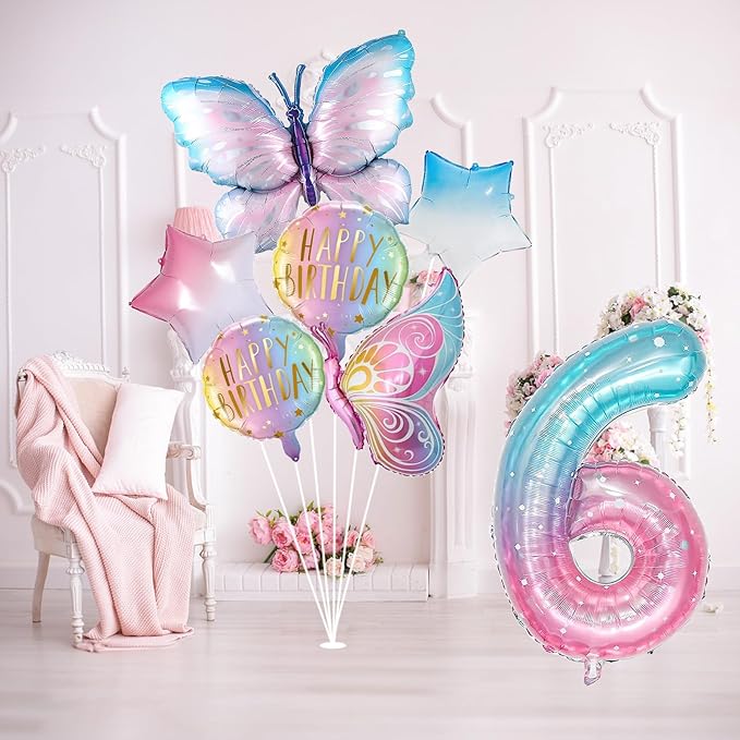 Butterfly Balloons - 6th Birthday Decorations for Girls, Gradient Pink Colorful Foil Balloons, Giant Number 6 Mylar Balloon, Butterfly Theme Party Supplies