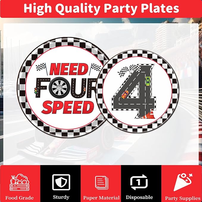 Rakuto Cars 4th Birthday Party Plates and Napkins Set, 96PCS Need Four Speed Birthday Decorations Supplies, Racing Car Fourth Disposable Tableware for Boys