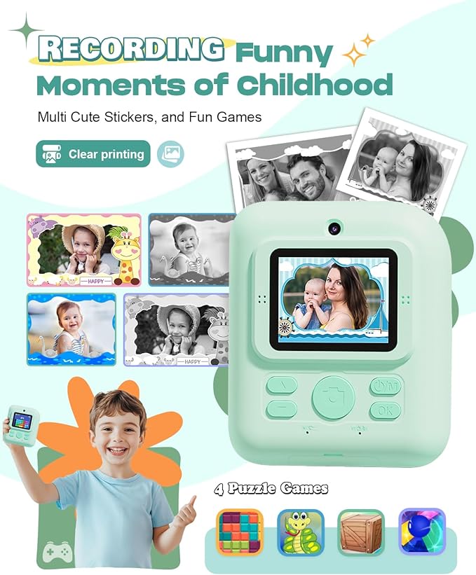 Seckton Kids Selfie Camera Christmas Birthday Gifts for Kids Age 3-10 Purple White & Kids Camera Instant Print Toddler Portable Travel Toy for 4 5 6 7 8 9 10 Year Old Boys Girls Green