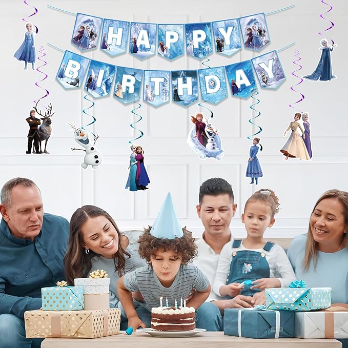 Cute Popular Cartoon Theme Decorations Banner Hanging Swirls, Cute Blue Happy Birthday Decorations for Fans, Party Supplies for Girls Boys